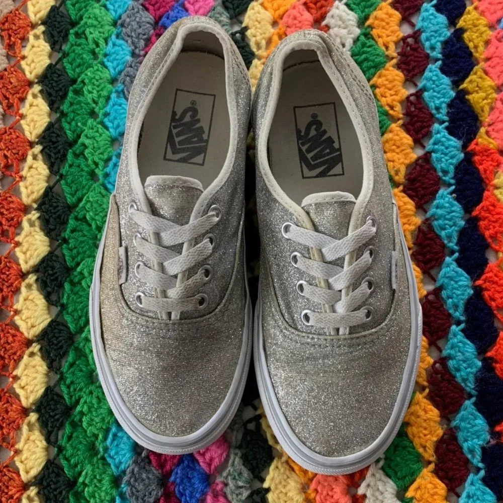 Vans Authentic Metallic Silver Glitter Lace Up Flat Skate Sneaker Waffle…